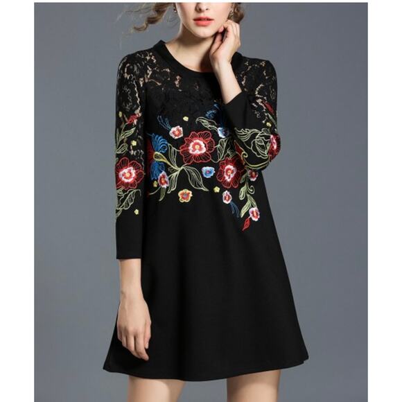 Vicky and Lucas Floral Embroidery Black Lace Mini Dress SP - Picture 1 of 9